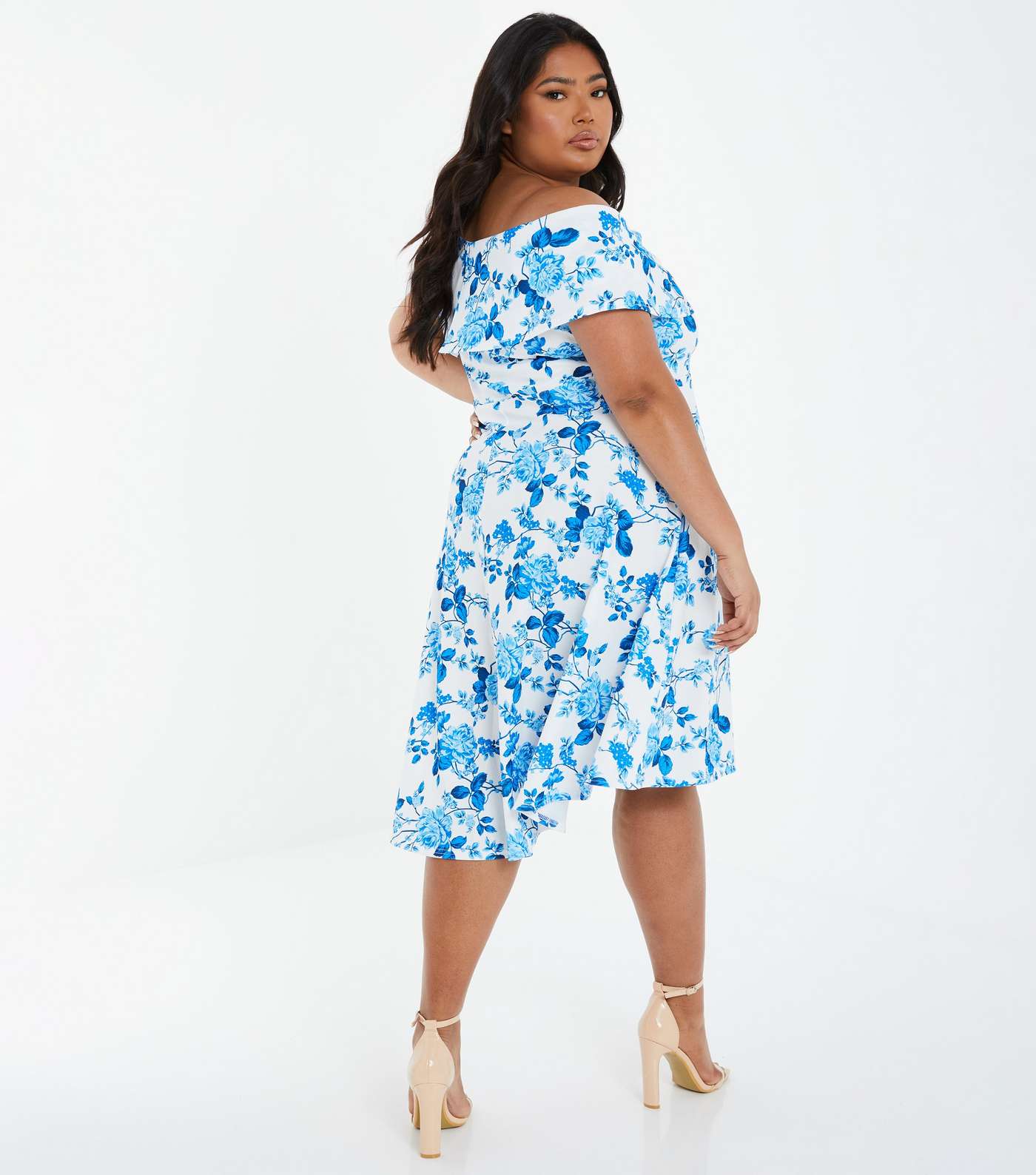 QUIZ Curves Blue Floral Bardot Dip Hem Midi Dress Image 3