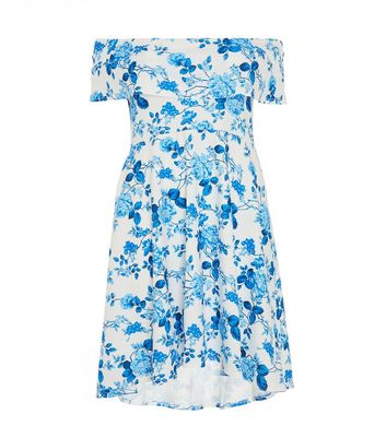 Damen Bekleidung QUIZ Curves Blue Floral Bardot Dip Hem Midi Dress