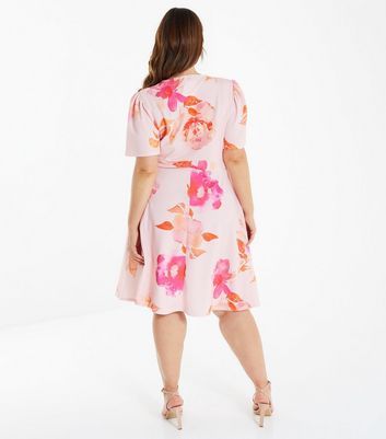 Damen Bekleidung QUIZ Curves Pale Pink Floral Mini Wrap Skater Dress