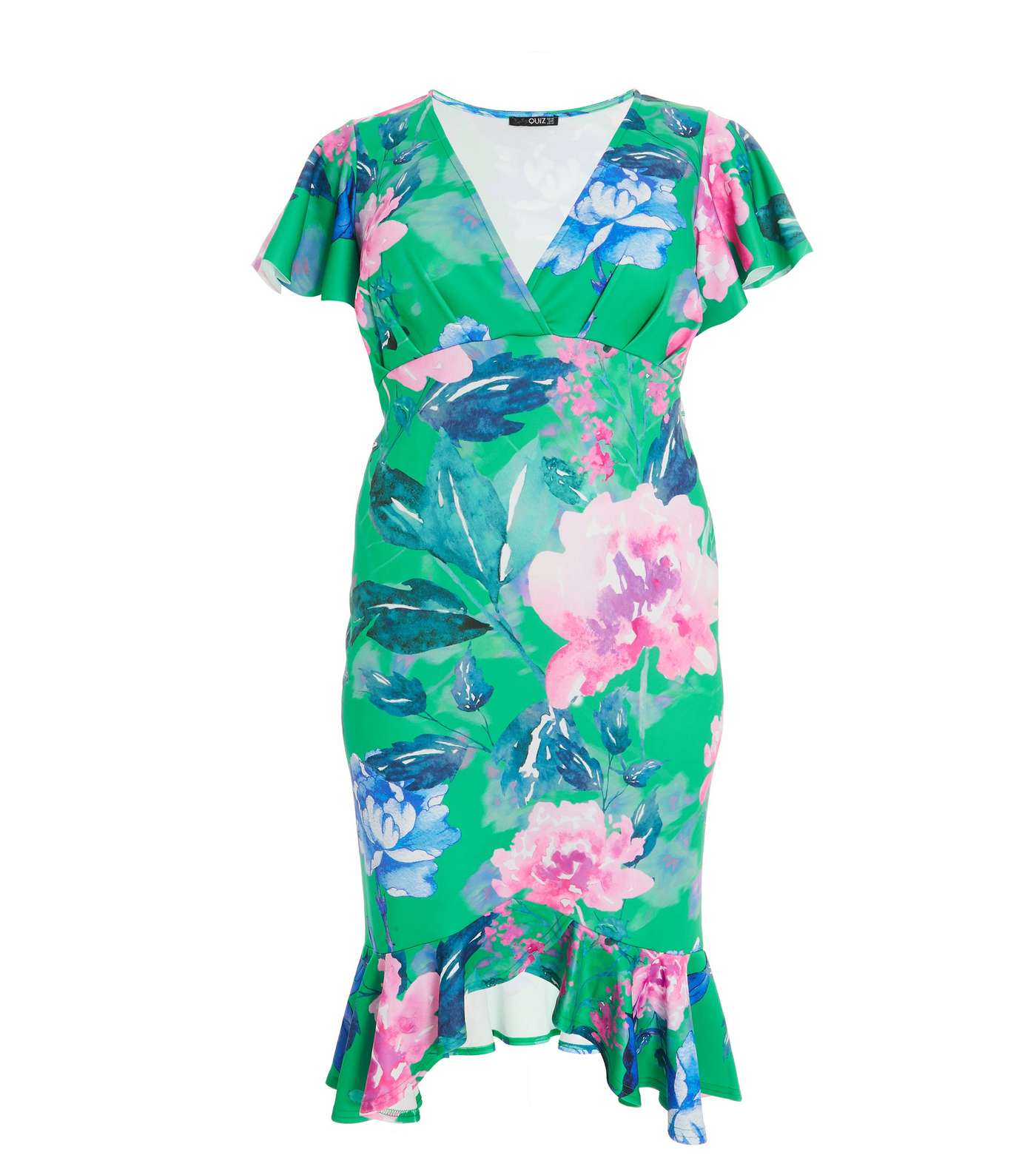 QUIZ Curves Green Floral Short Flutter Sleeve Frill Hem Midi Dress Image 4