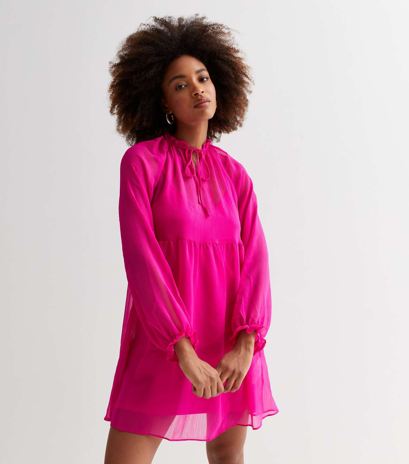 Bright Pink Chiffon Tie Neck Long Sleeve Mini Dress Image 2
