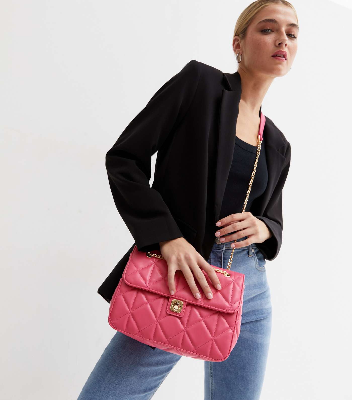 Bright Pink Quilted Twist Lock Cross Body Bag Image 2