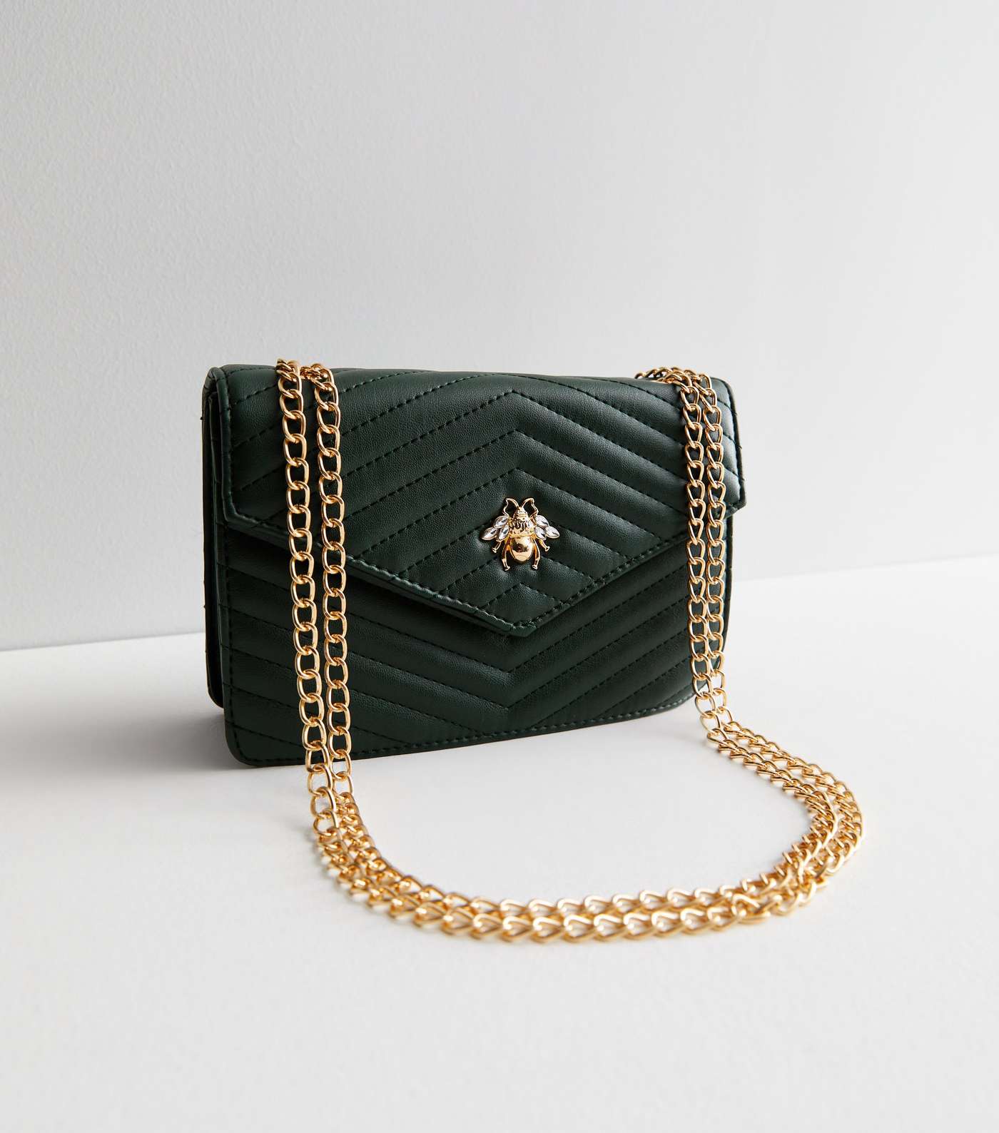Dark Green Bee Quilted Leather-Look Cross Body Bag