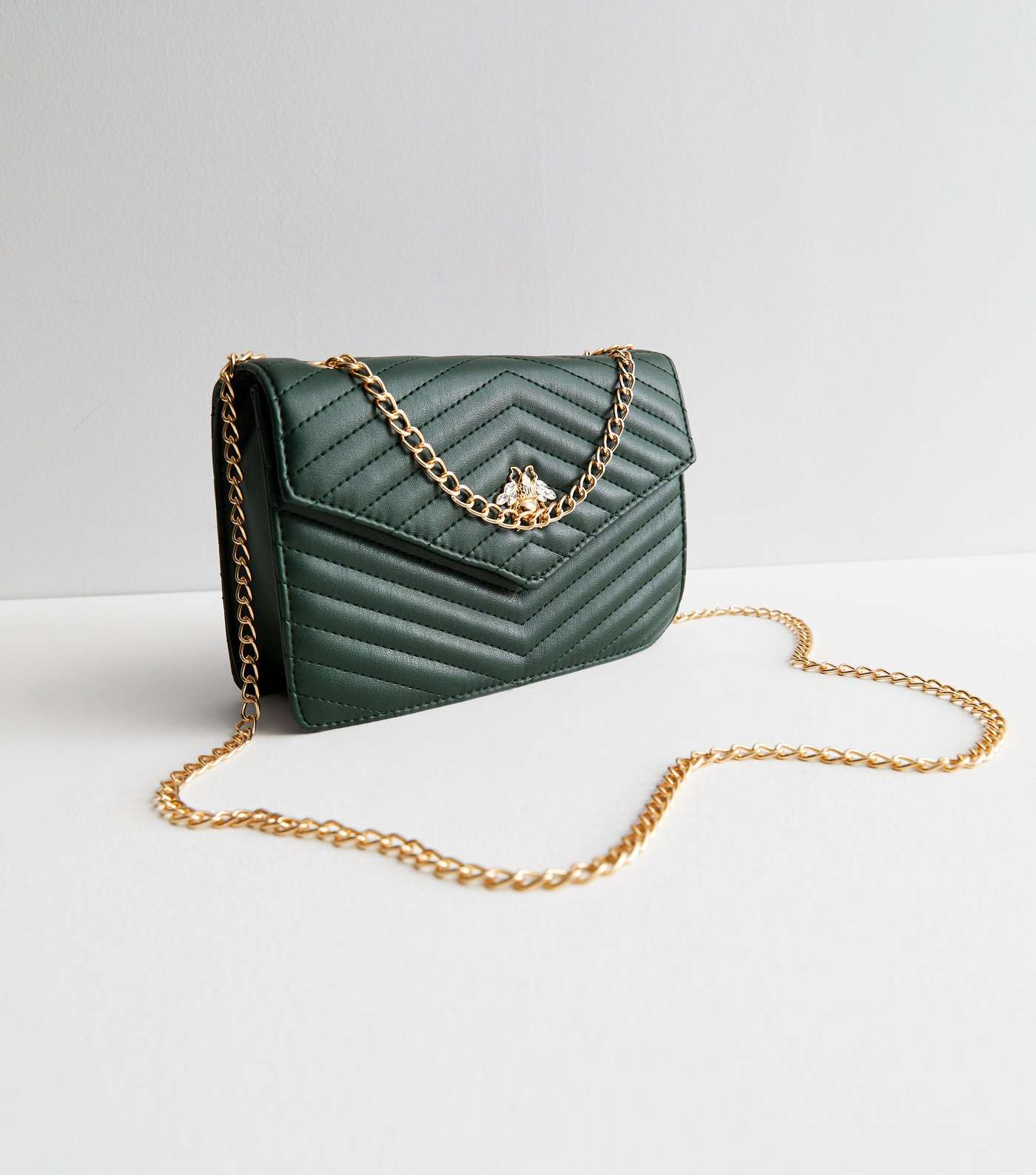 Dark Green Bee Quilted Leather-Look Cross Body Bag Image 3