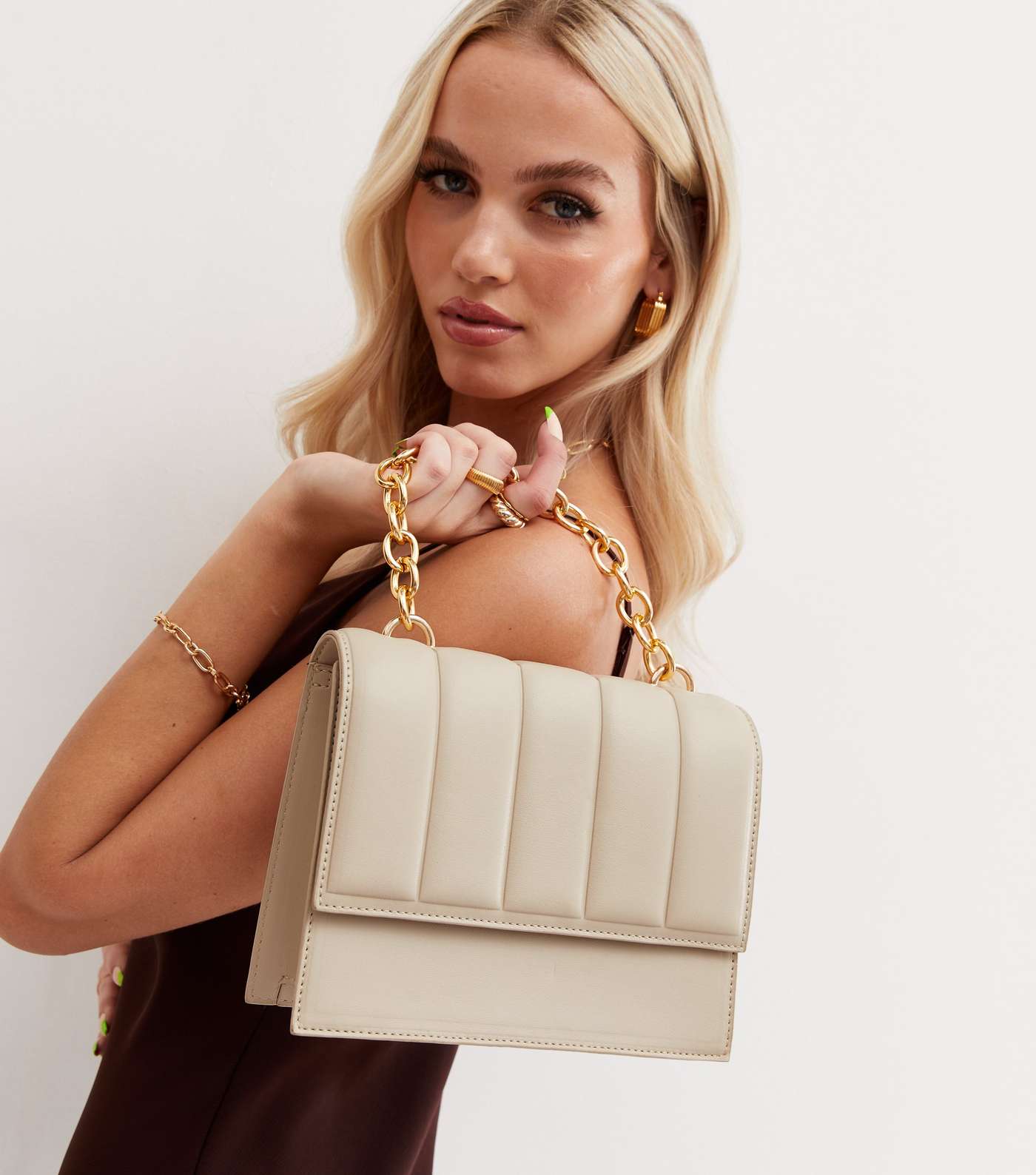 Cream Quilted Chain Shoulder Bag Image 2