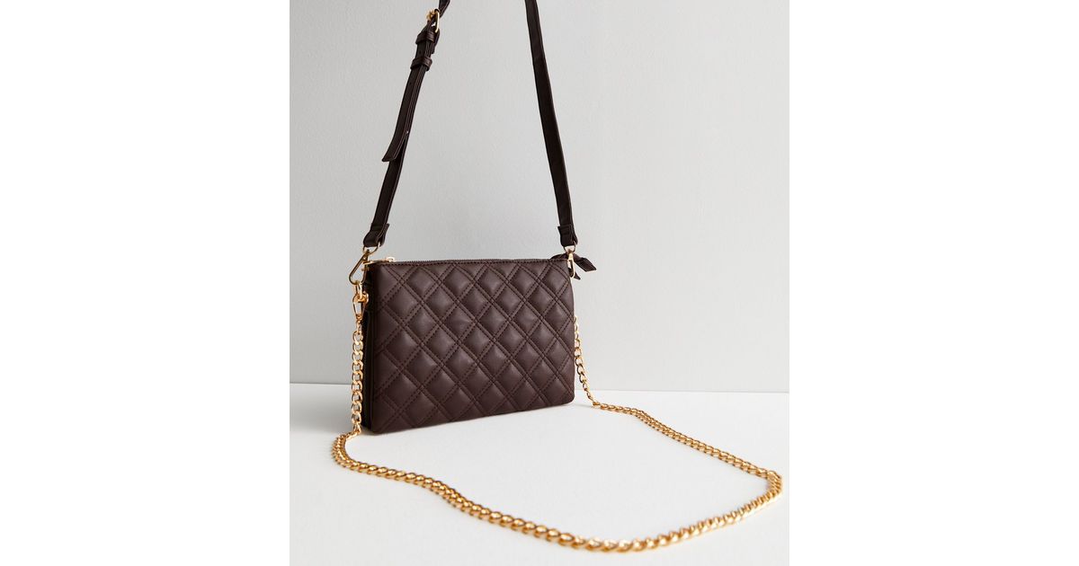 Dark Brown Quilted Chain Cross Body Bag New Look