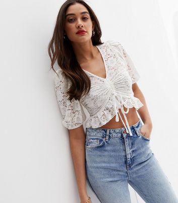 White Lace Tie Front Long Sleeve Crop Blouse