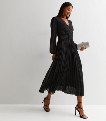 Black pleated wrap store dress