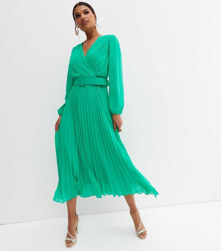 emerald green frill detail pleated midi dress