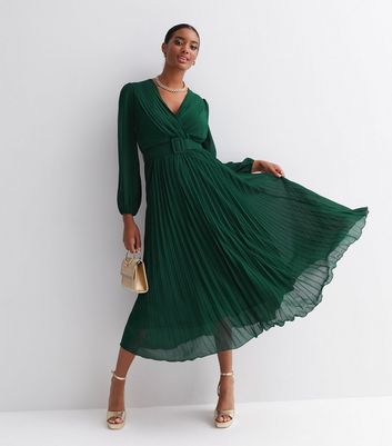 Dark Green V Neck Belted Chiffon Midi Dress | New Look