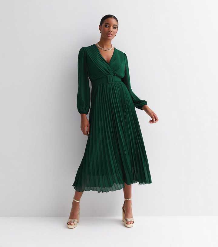 green emerald velvet dress Wedding-Guest Midi Party Dress with Short Sleeves Hunter Green / Large