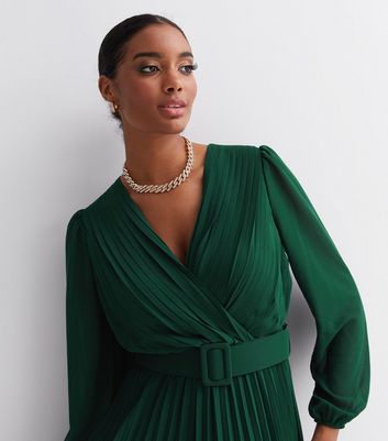 Dark Green V Neck Belted Chiffon Midi Dress | New Look