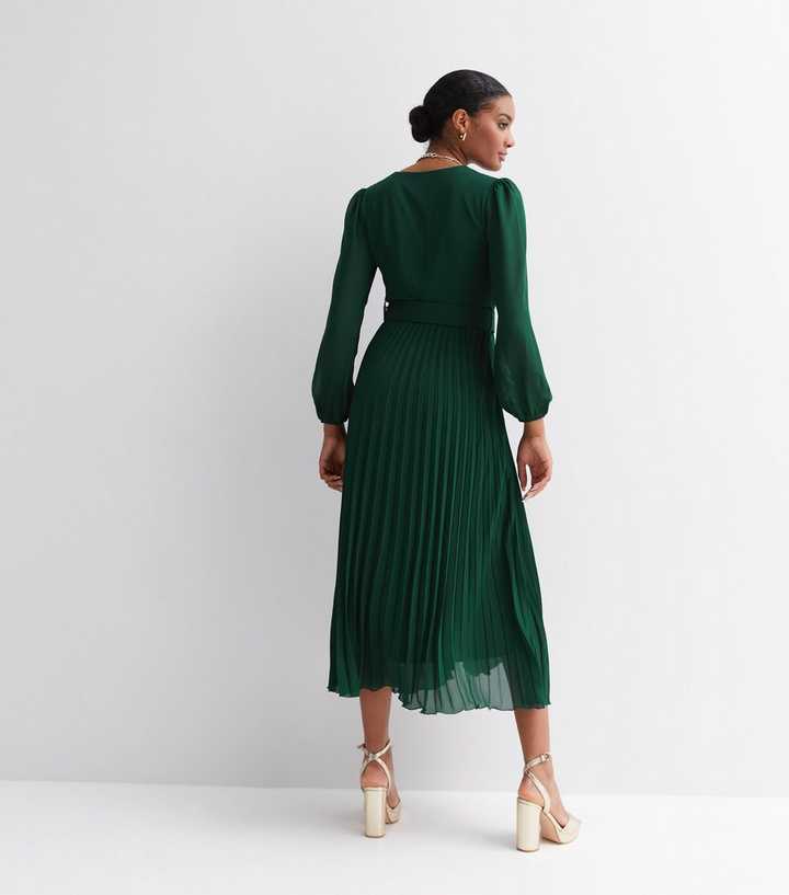 Dark Green V Neck Belted Chiffon Midi Dress | New Look