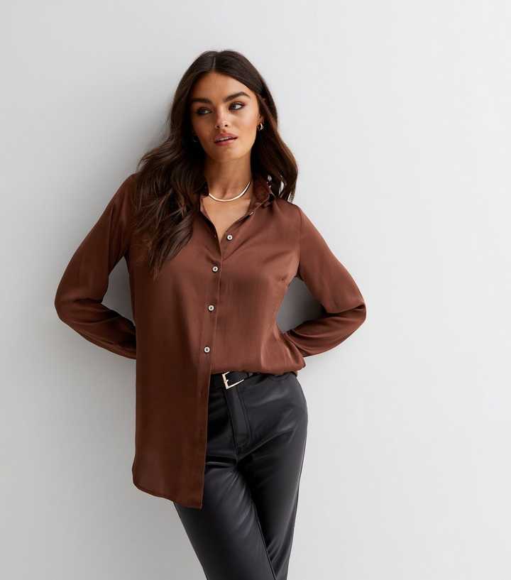 Dark Brown Button Front Long Sleeve Oversized Satin Shirt | New Look