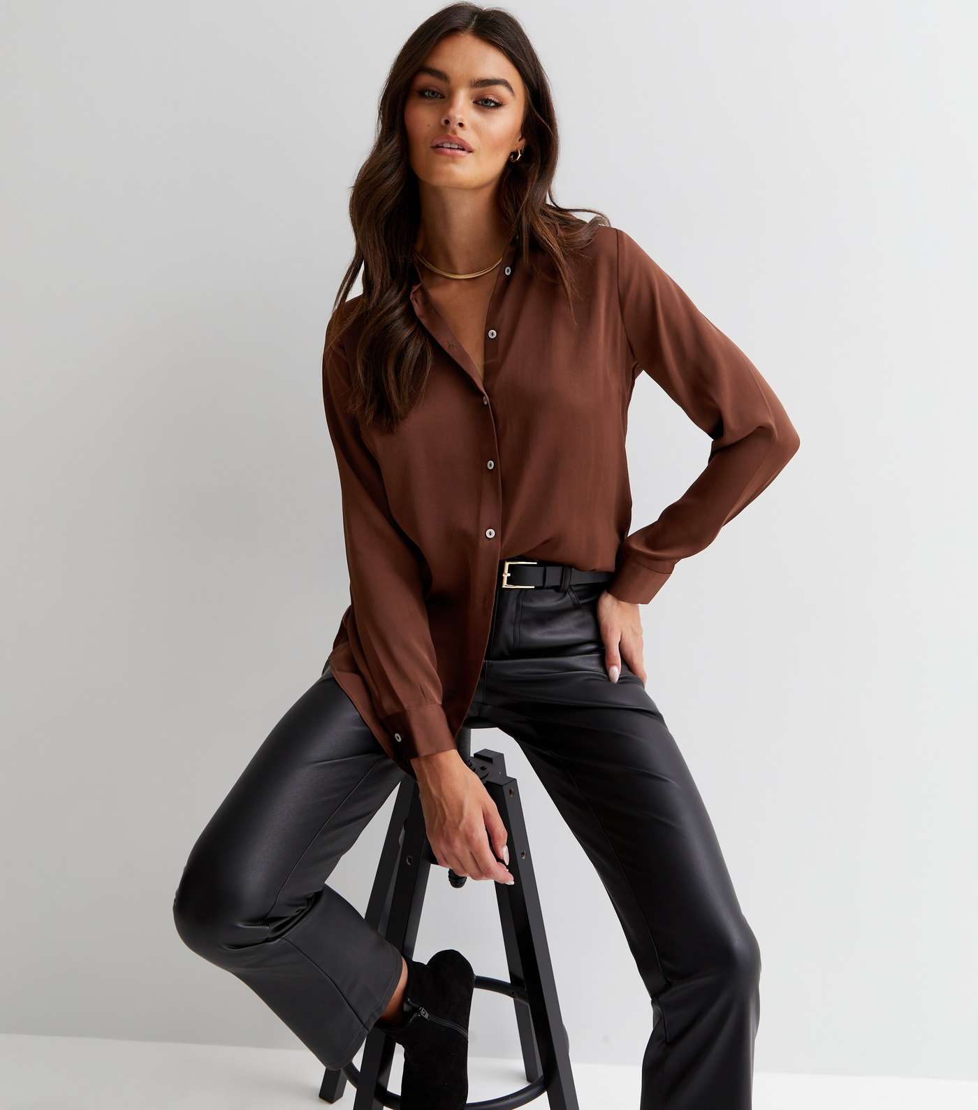 Dark Brown Button Front Long Sleeve Oversized Satin Shirt Image 2