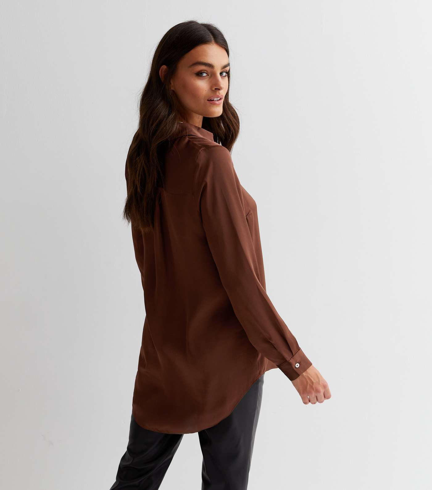 Dark Brown Button Front Long Sleeve Oversized Satin Shirt Image 4