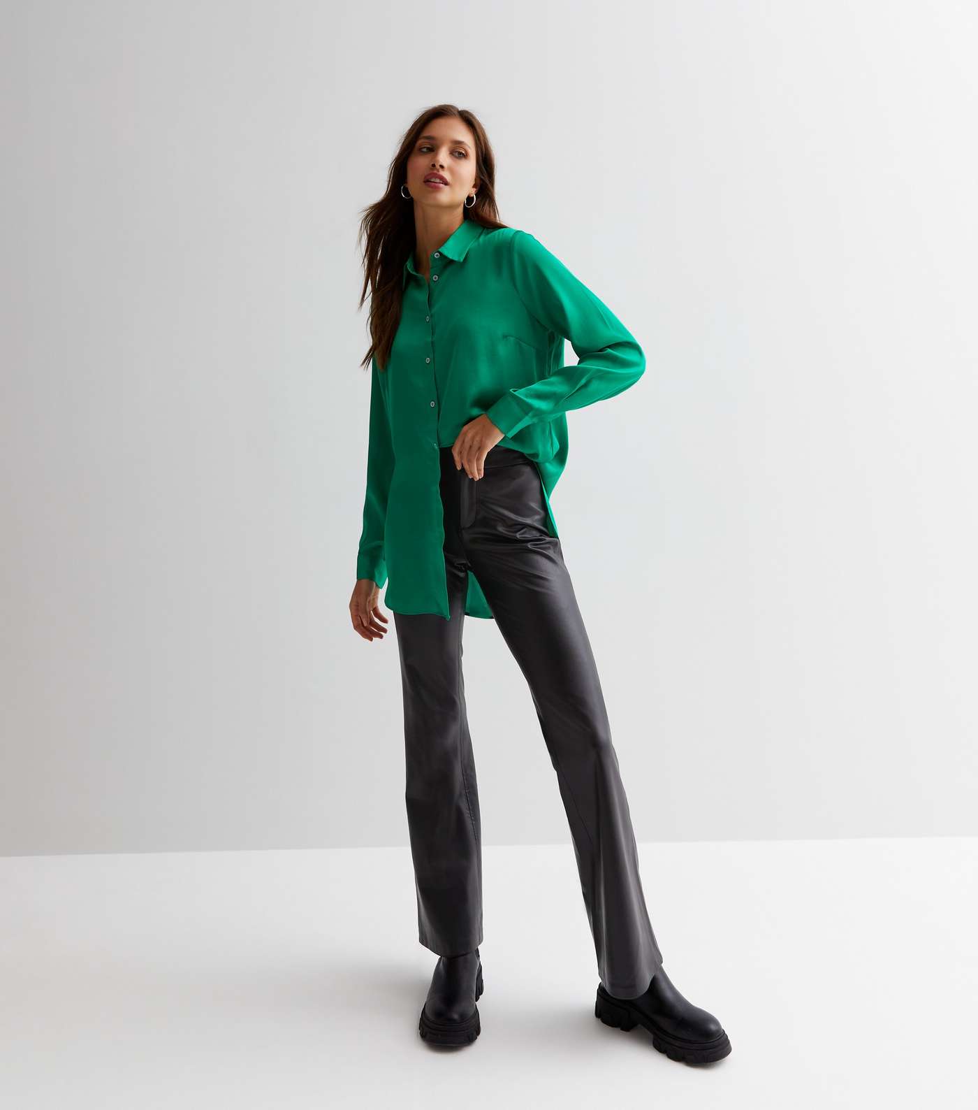 Green Satin Long Sleeve Oversized Shirt Image 3