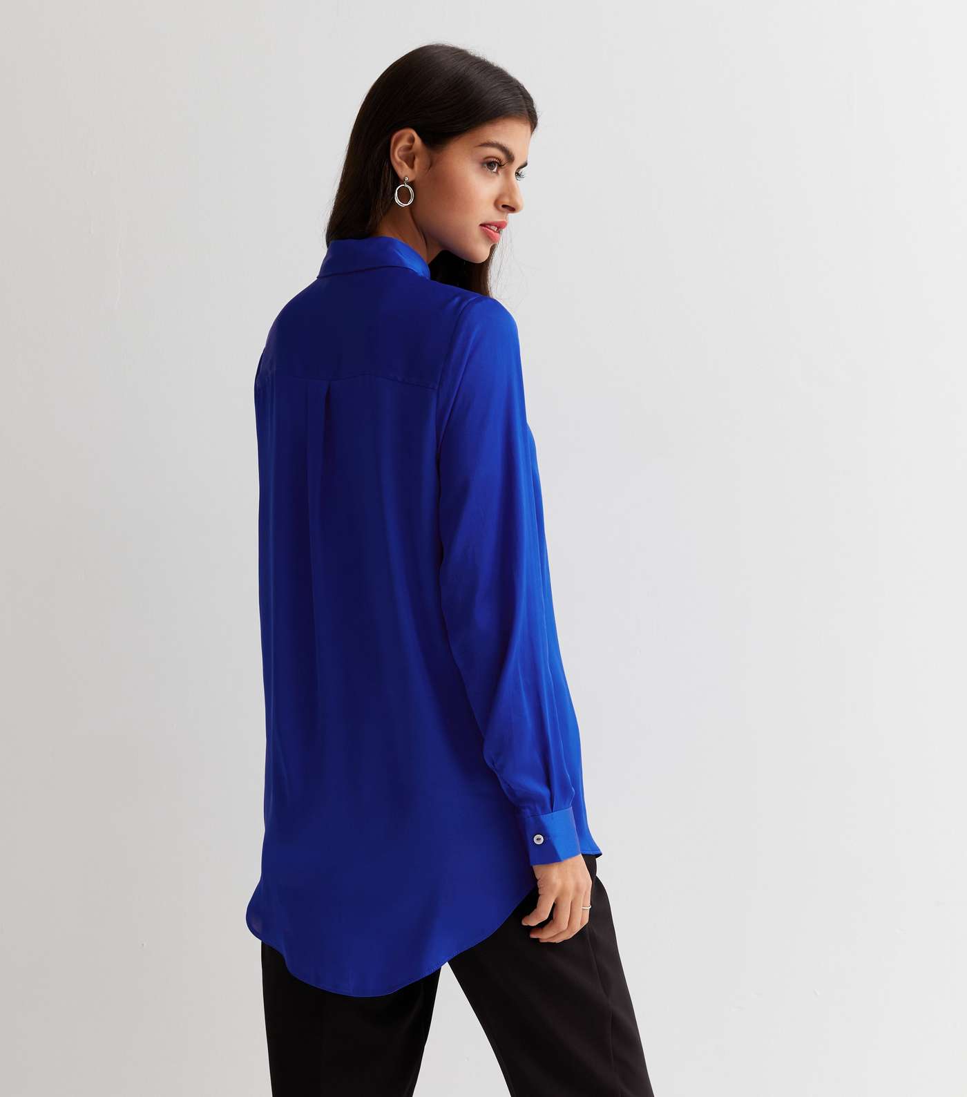 Blue Satin Long Sleeve Oversized Shirt Image 4