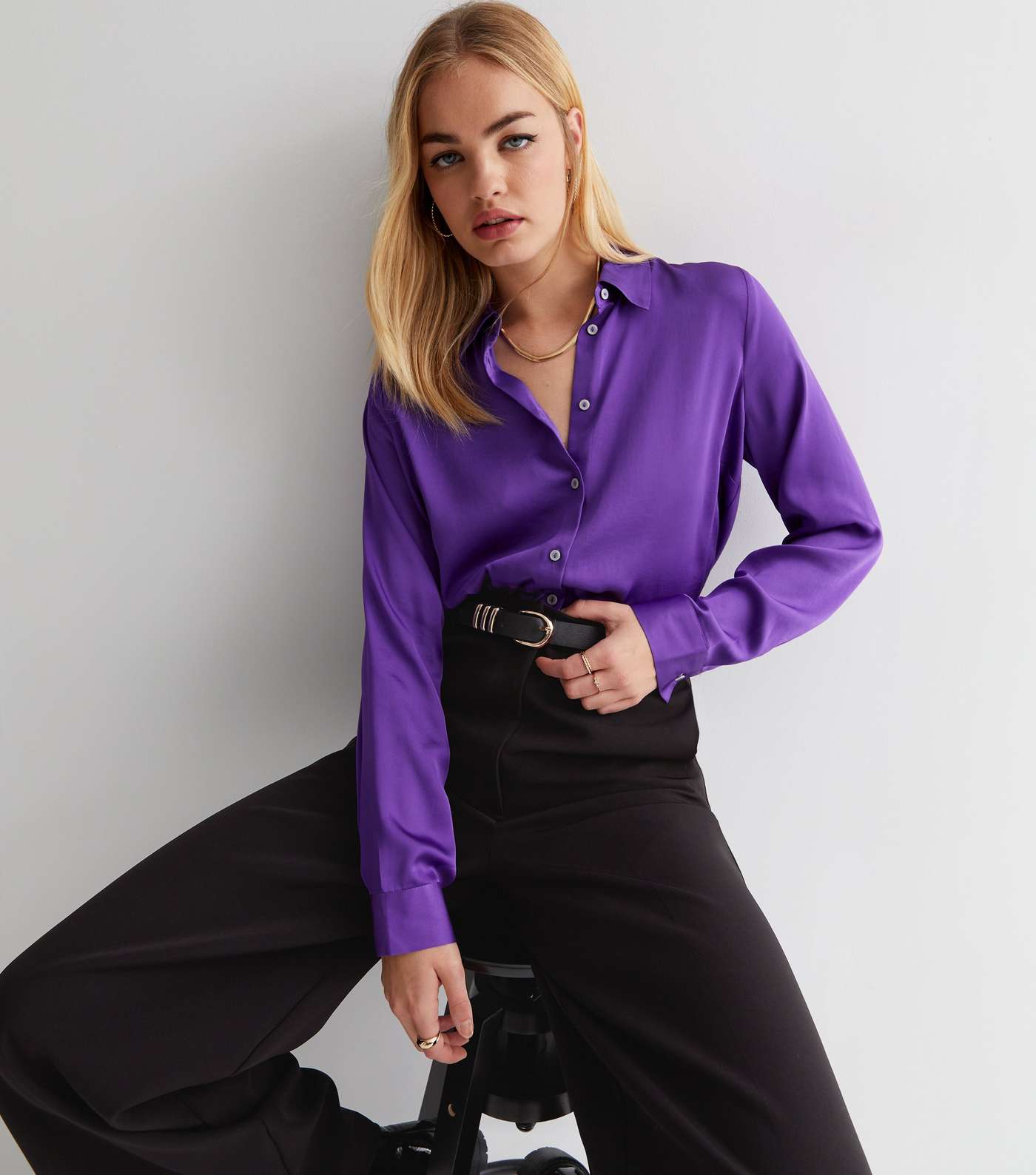 Purple Satin Long Sleeve Oversized Shirt