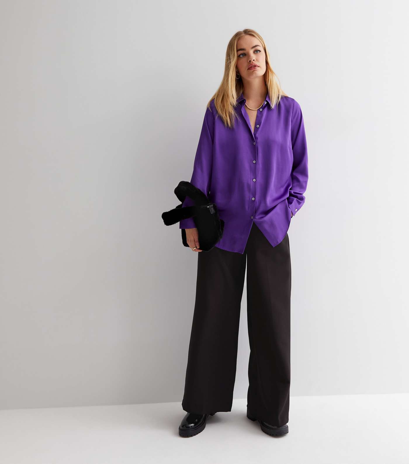Purple Satin Long Sleeve Oversized Shirt Image 3