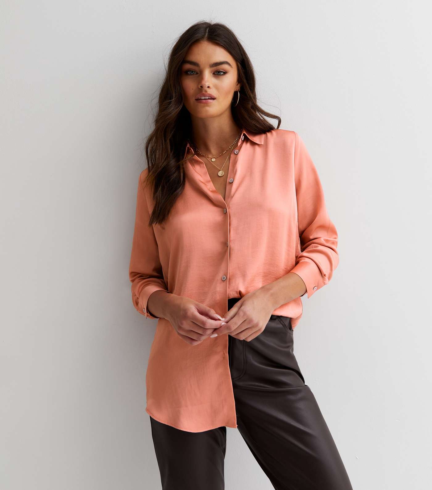 Pale Pink Satin Button Front Oversized Shirt Image 2