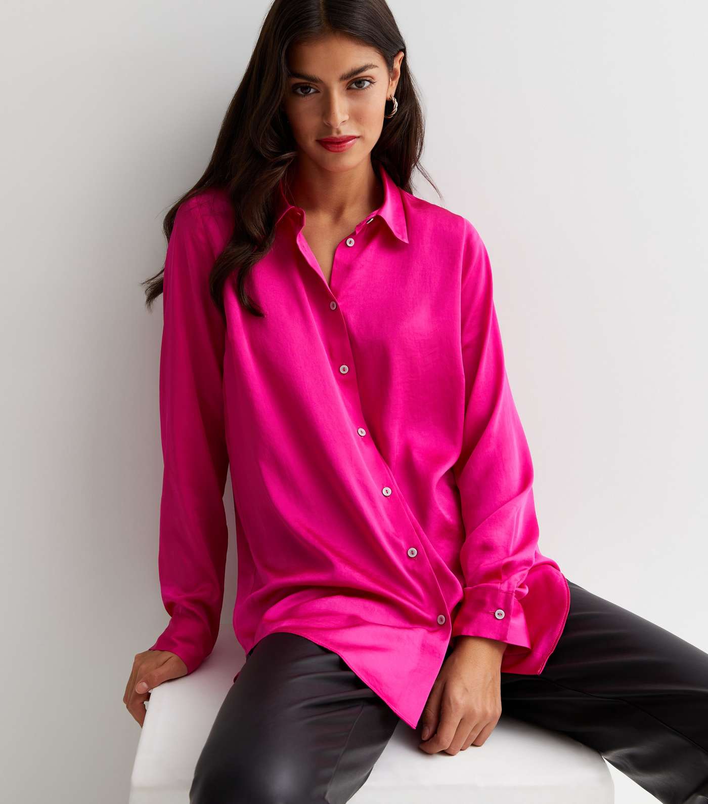 Bright Pink Satin Long Sleeve Oversized Shirt