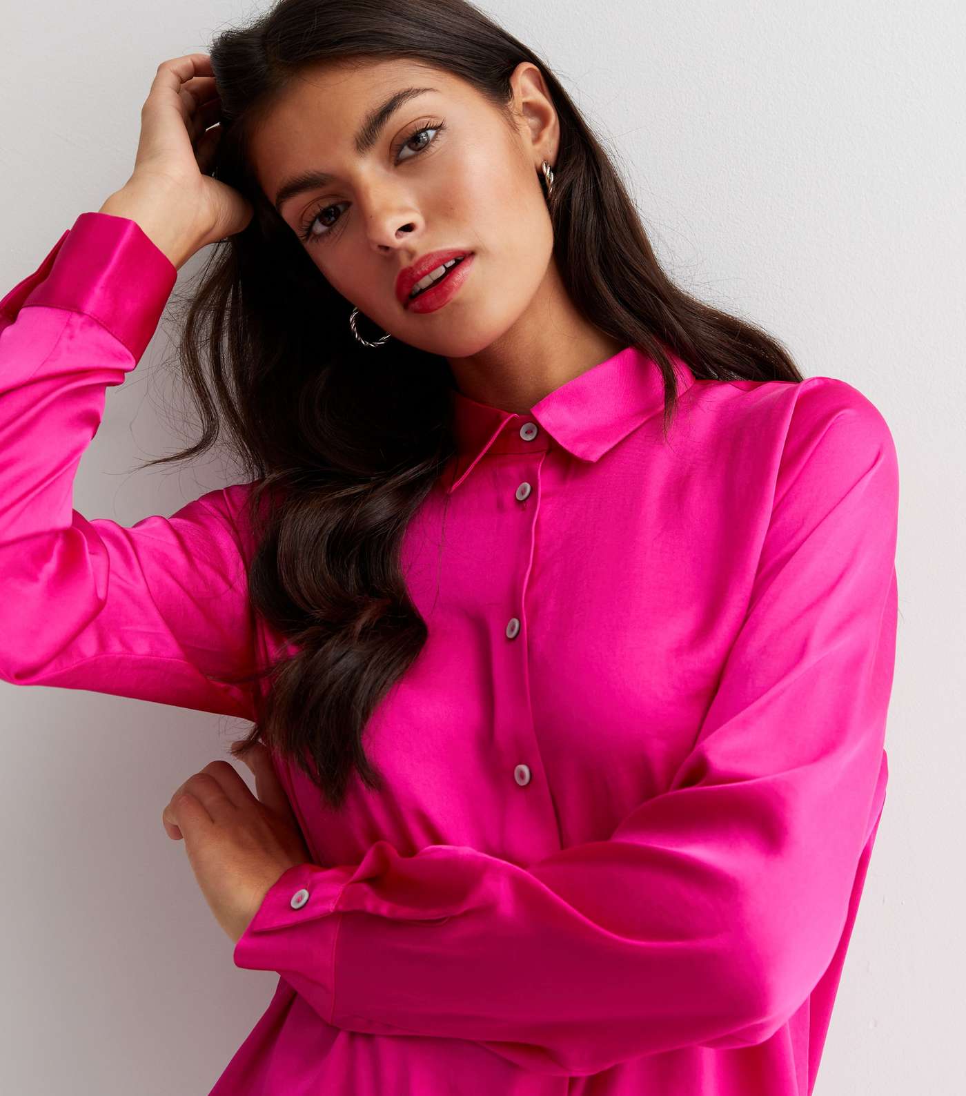 Bright Pink Satin Long Sleeve Oversized Shirt Image 3