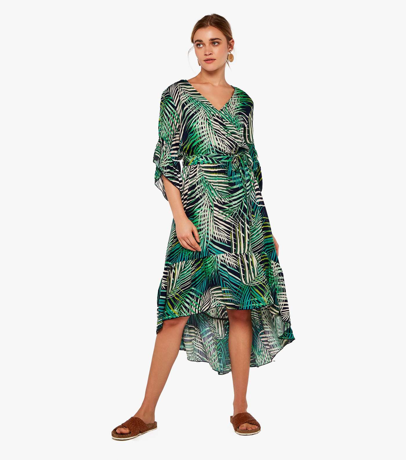 Apricot Green Tropical Midi Wrap Dress Image 2