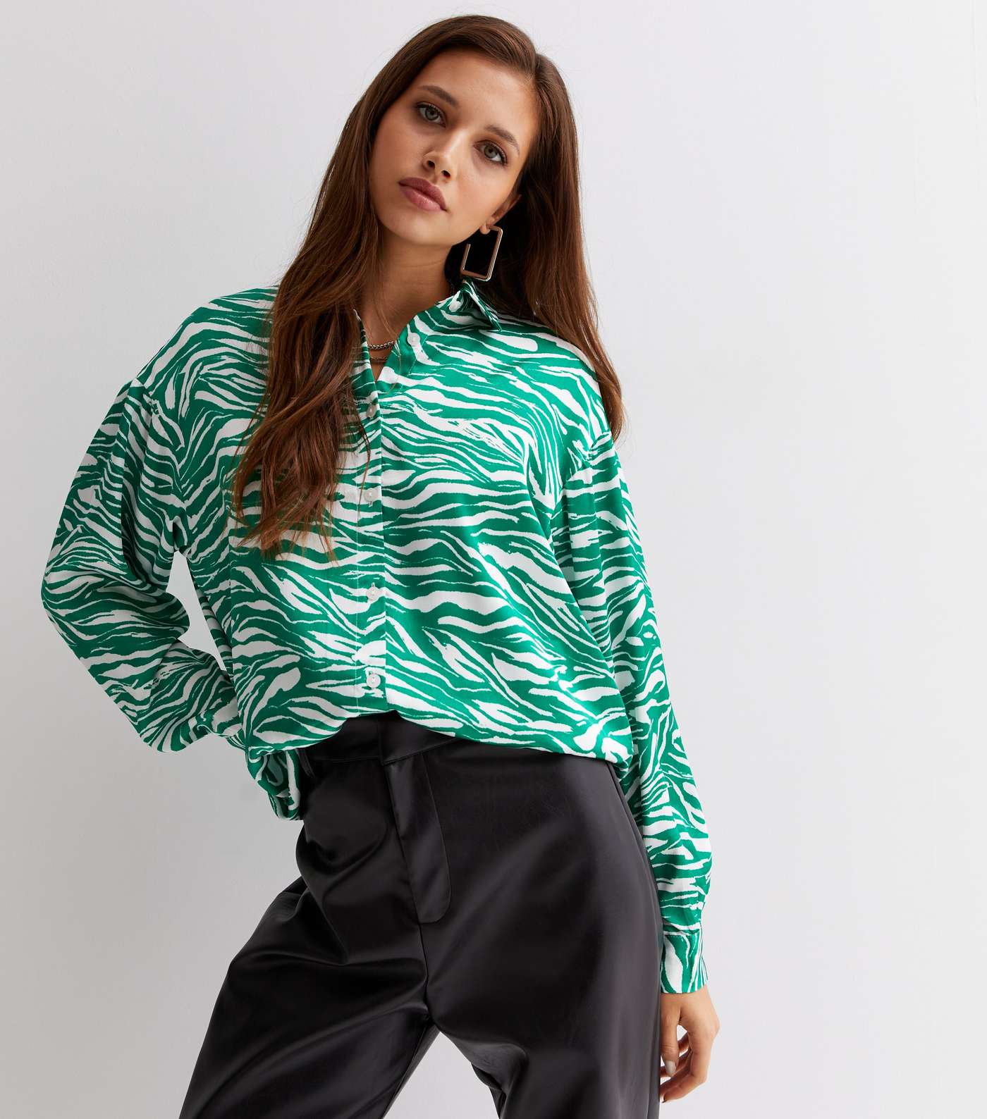 Green Zebra Print Satin Oversized Shirt
