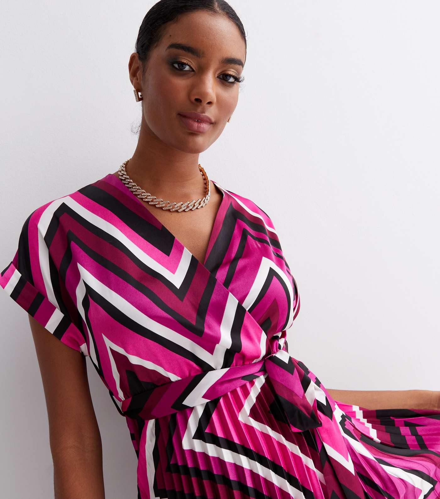 Pink Chevron Satin Pleated Midi Wrap Dress Image 2