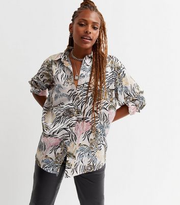 White Tiger Print Satin Oversized Shirt