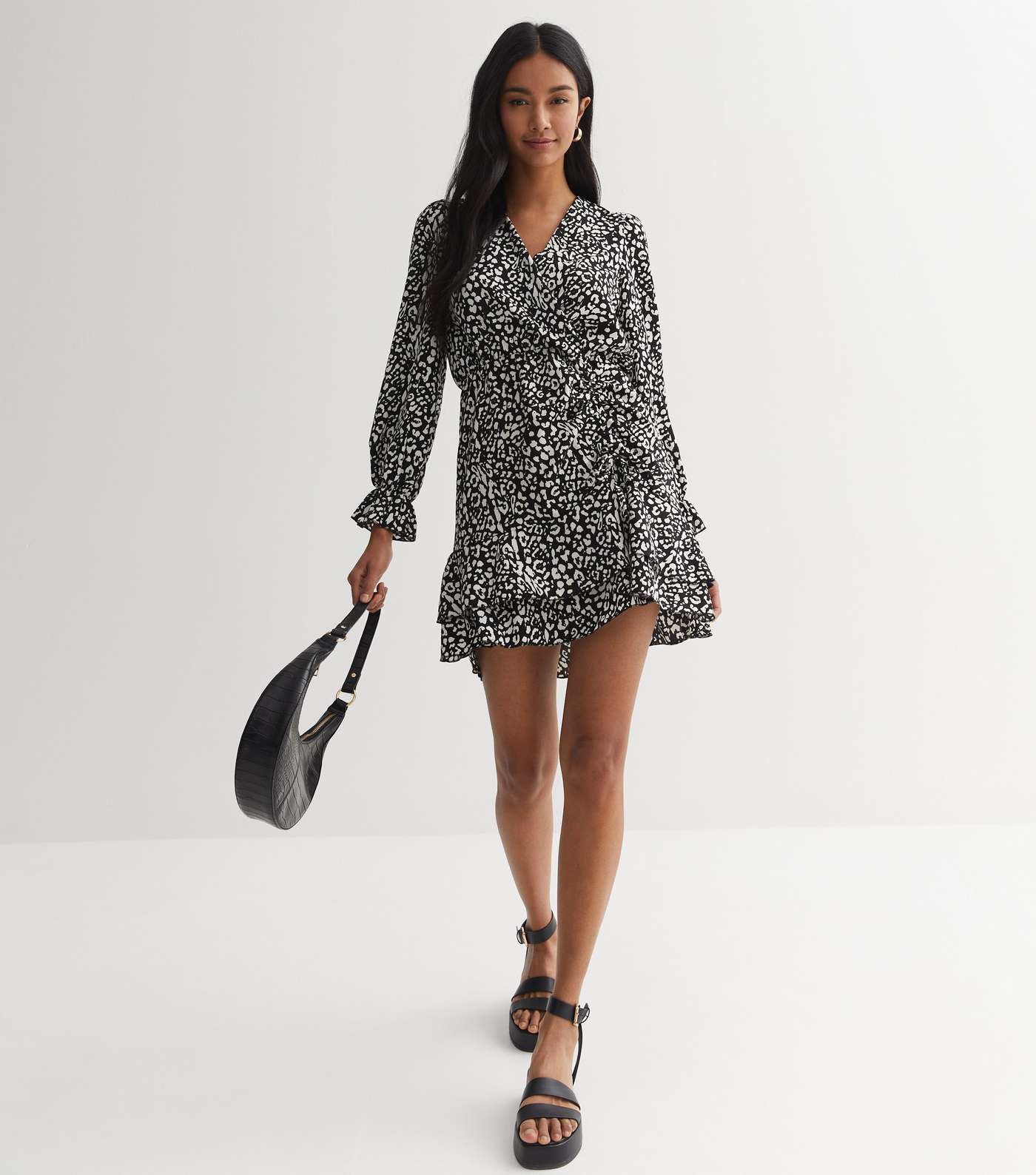 Black Leopard Print Satin Ruched Mini Wrap Dress