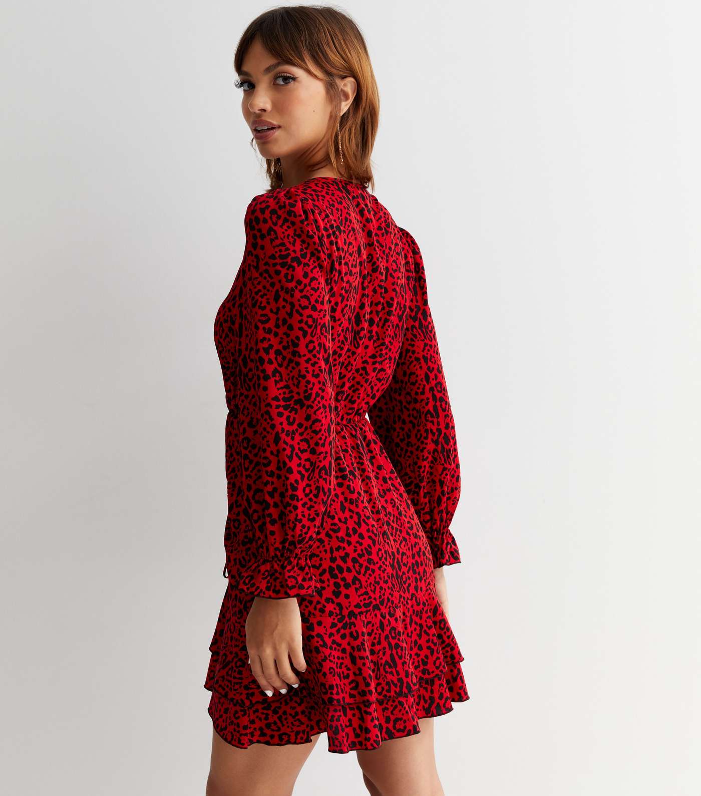 Red Leopard Print Ruched Mini Wrap Dress Image 4