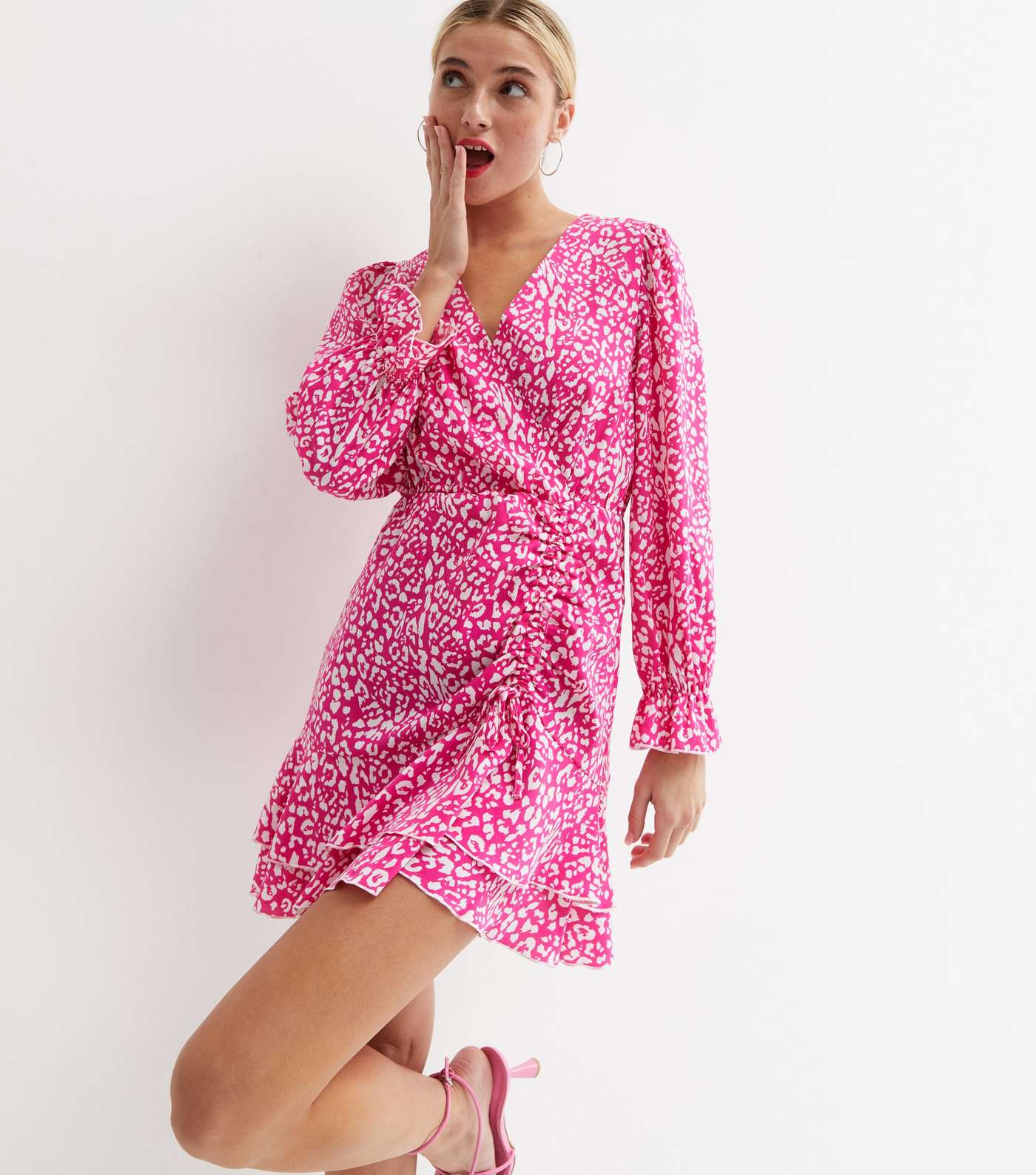 Pink Leopard Print Satin Ruched Mini Wrap Dress