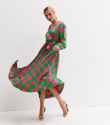 Pink Diamond Satin Pleated Midi Wrap Dress
