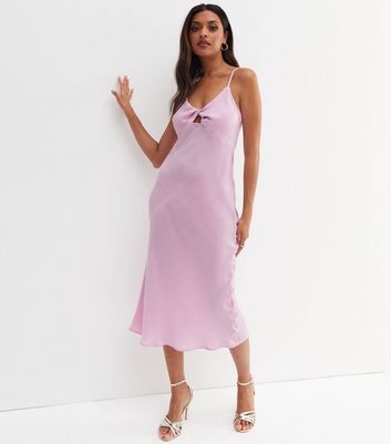 Lilac Satin Strappy Twist Front Midi Slip Dress