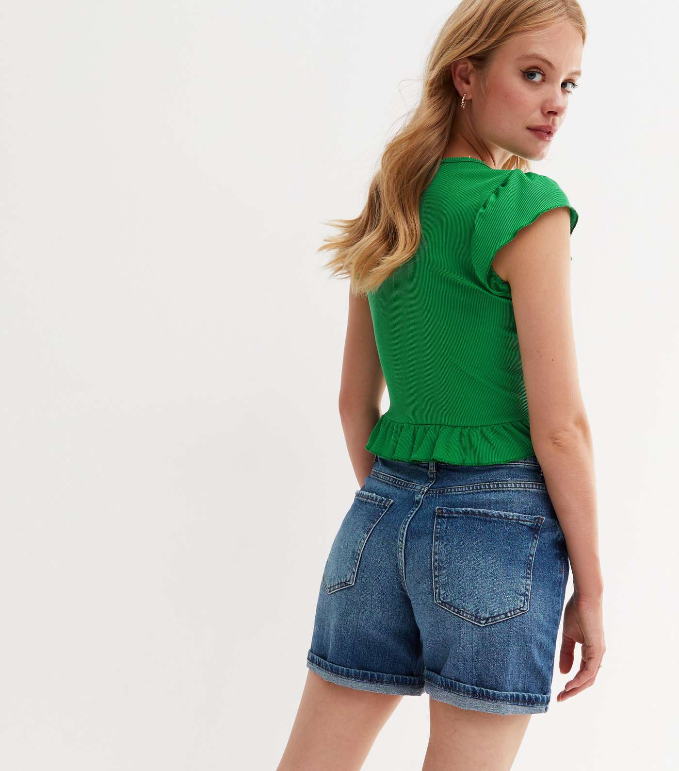 Green Ribbed Ruched Frill Tie Front Crop Top Image 4
