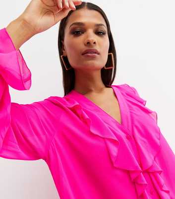 Bright Pink Ruffle Front Dip Hem Blouse