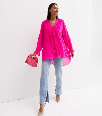 Bright Pink Ruffle Front Dip Hem Blouse 