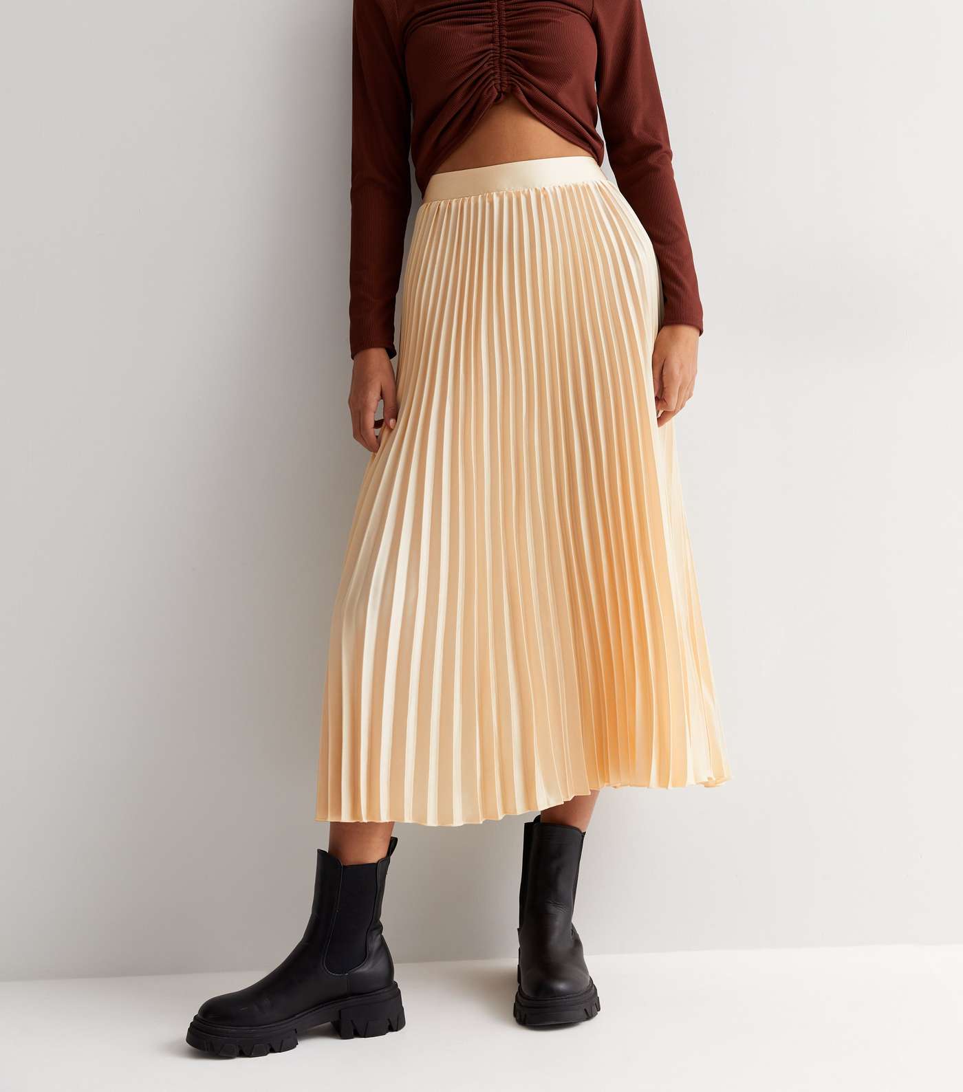Stone Satin Pleated Midi Skirt Image 3