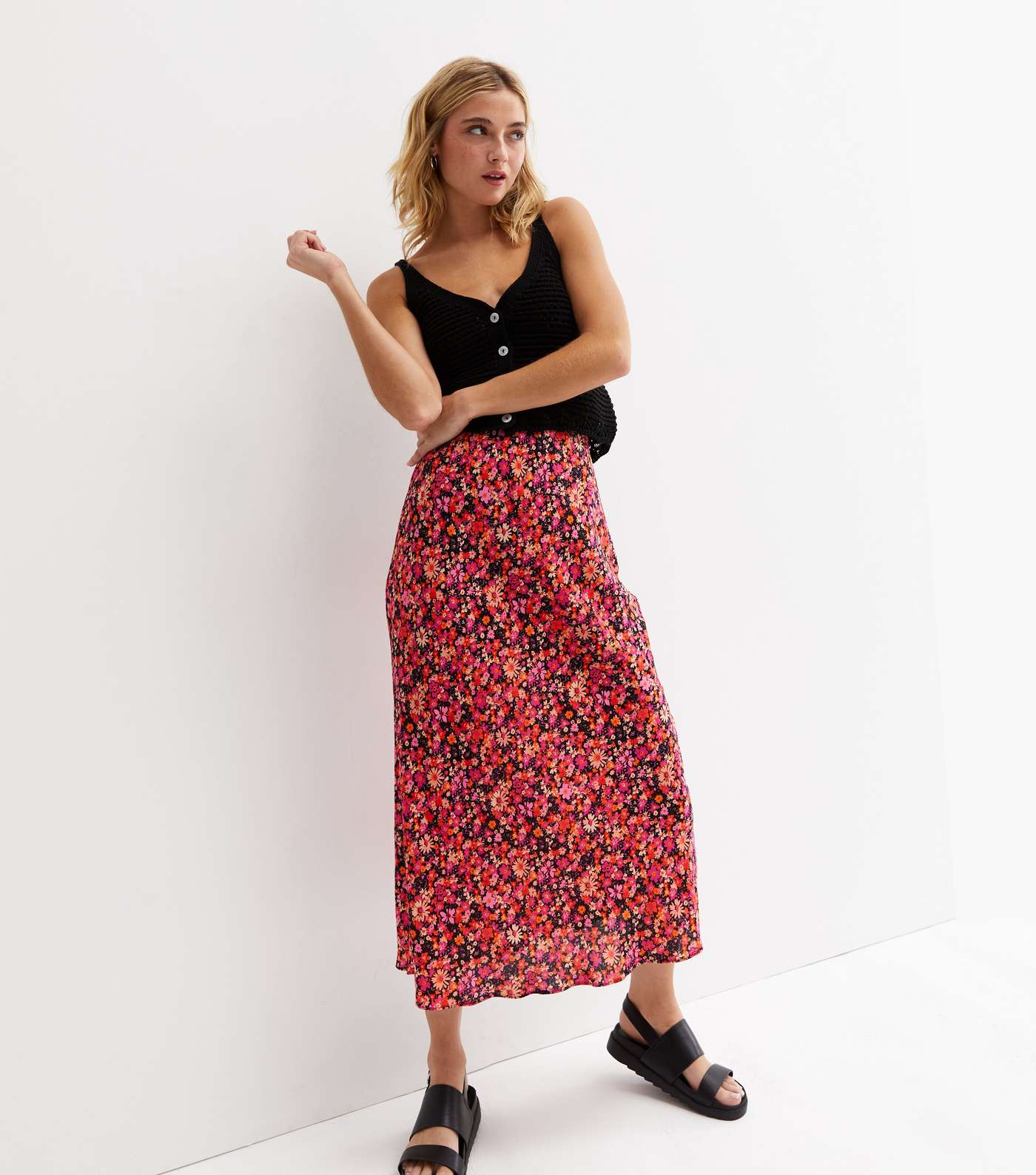 Black Floral Bias Cut Midi Skirt Image 2