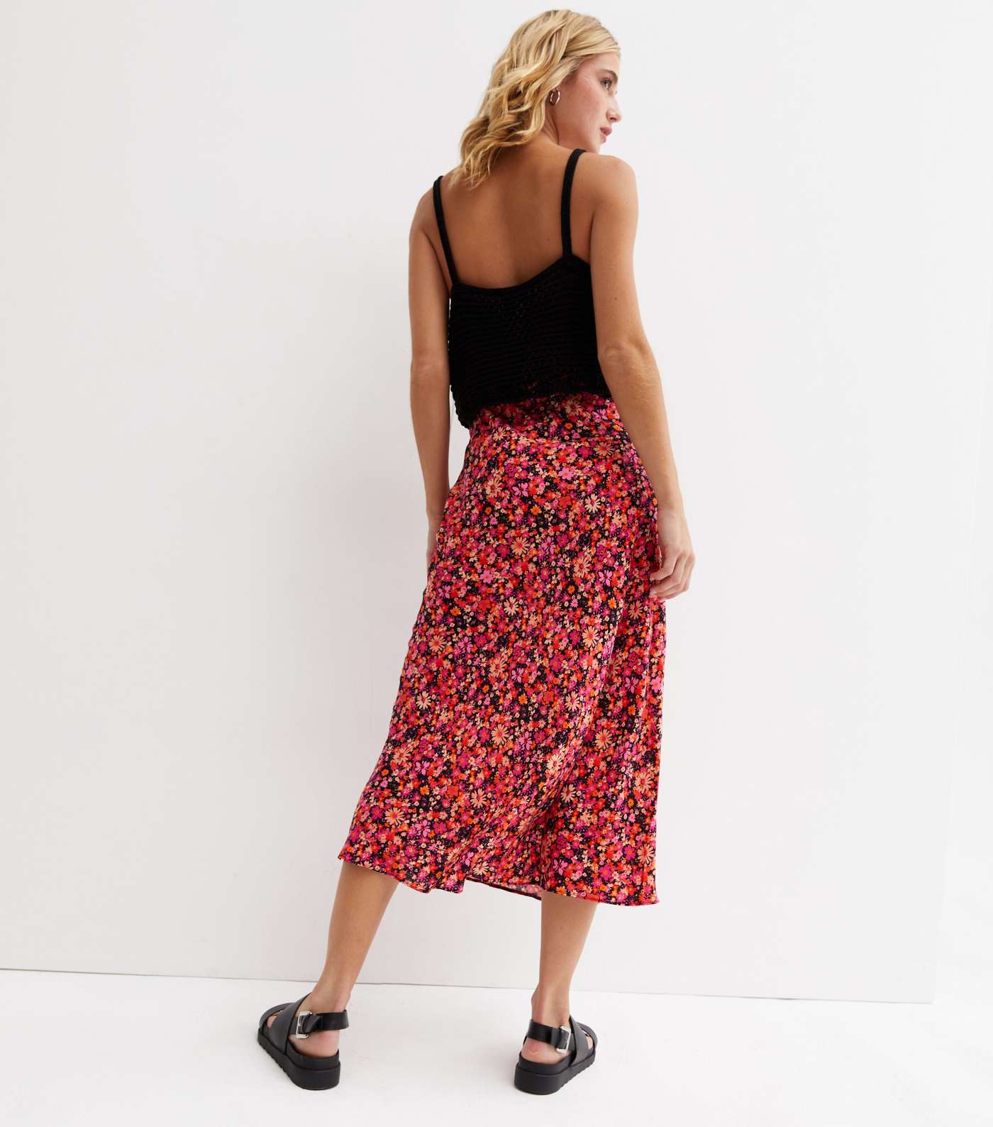 Black Floral Bias Cut Midi Skirt Image 4