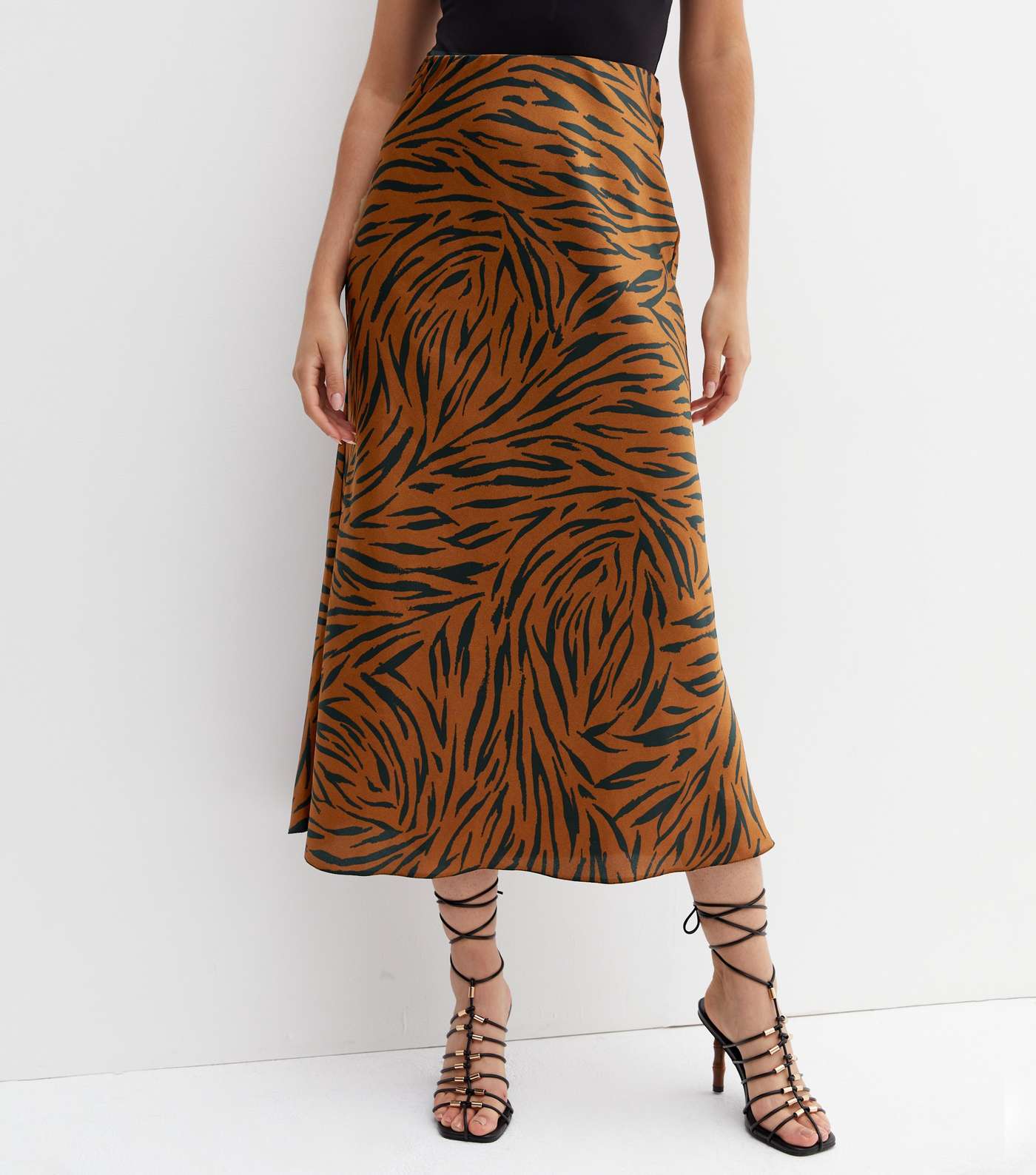 Brown Zebra Print Satin Bias Cut Midi Skirt Image 2