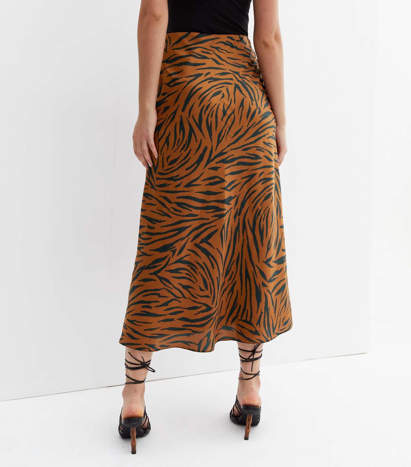 Brown Zebra Print Satin Bias Cut Midi Skirt Image 4