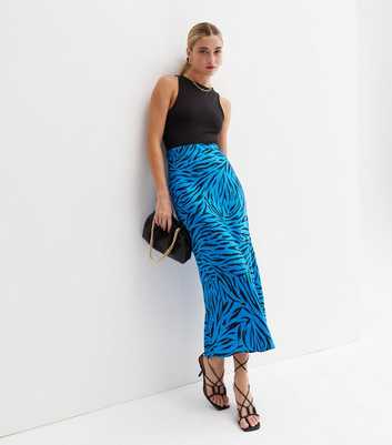 Blue Zebra Print Satin Bias Cut Midi Skirt