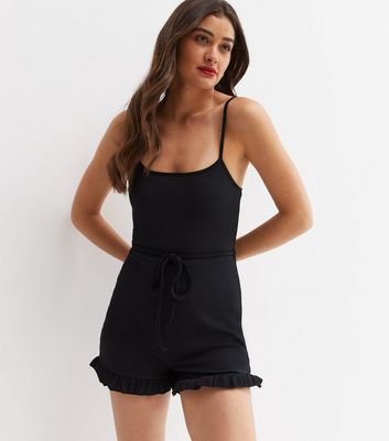 Pink Vanilla Black Ribbed Tie Waist Frill Playsuit New Look