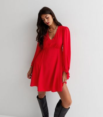 Red V Neck Tie Long Sleeve Mini Dress