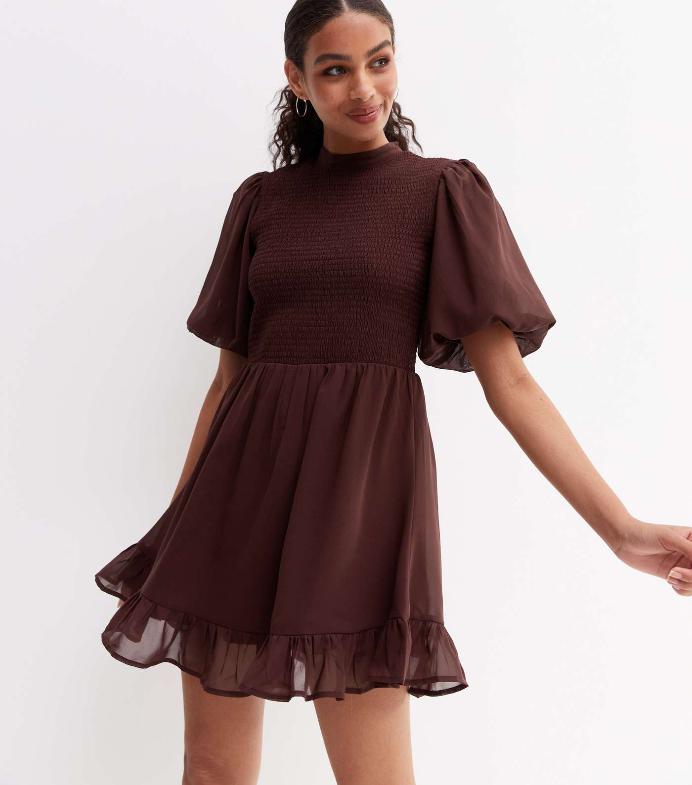 Dark Brown Shirred High Neck Short Puff Sleeve Frill Mini Dress