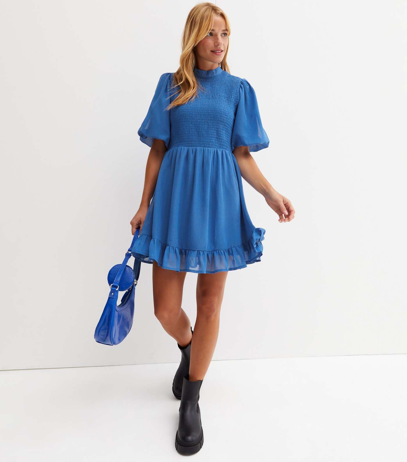 Bright Blue Shirred High Neck Short Puff Sleeve Frill Mini Dress Image 2