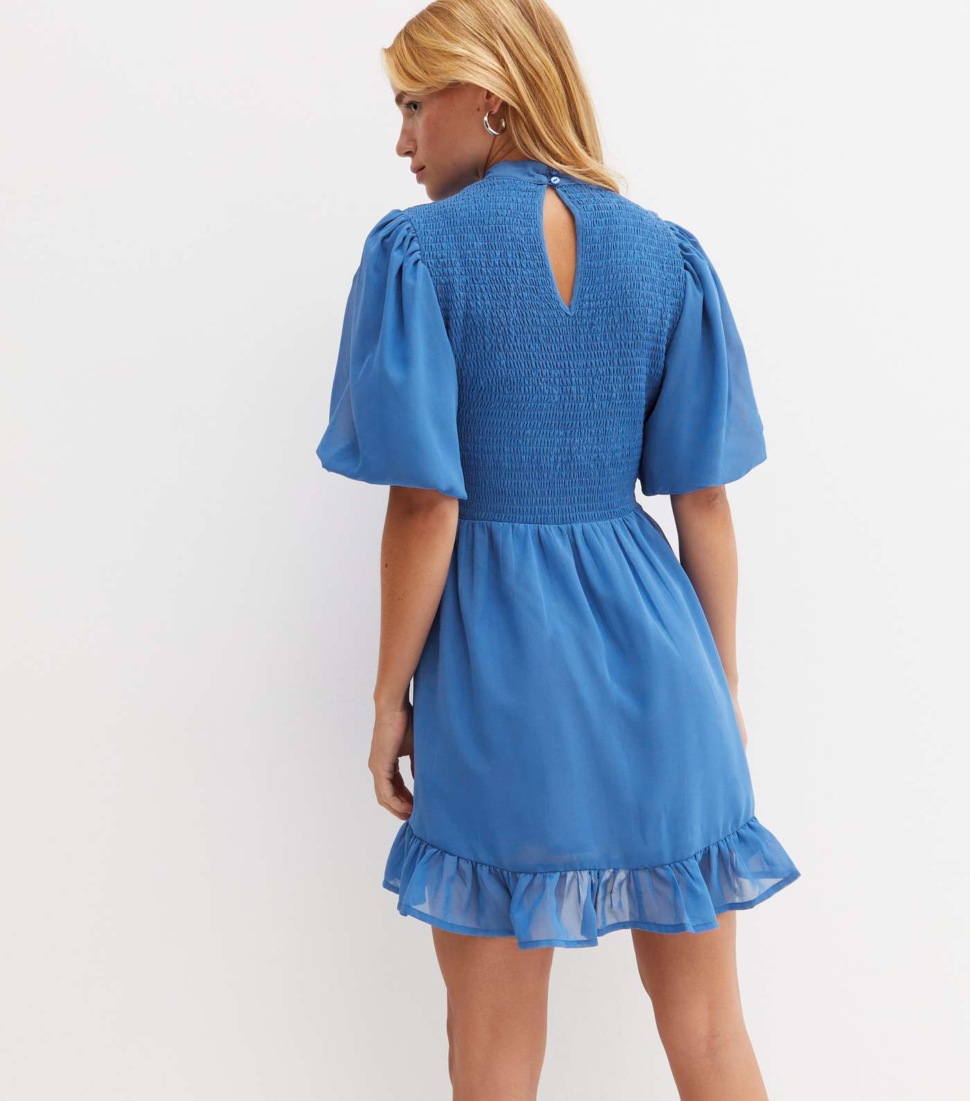 Bright Blue Shirred High Neck Short Puff Sleeve Frill Mini Dress Image 4